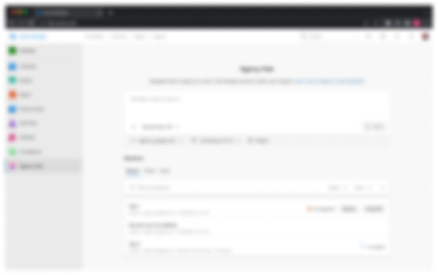 The Agency Hub sessions list below the input box